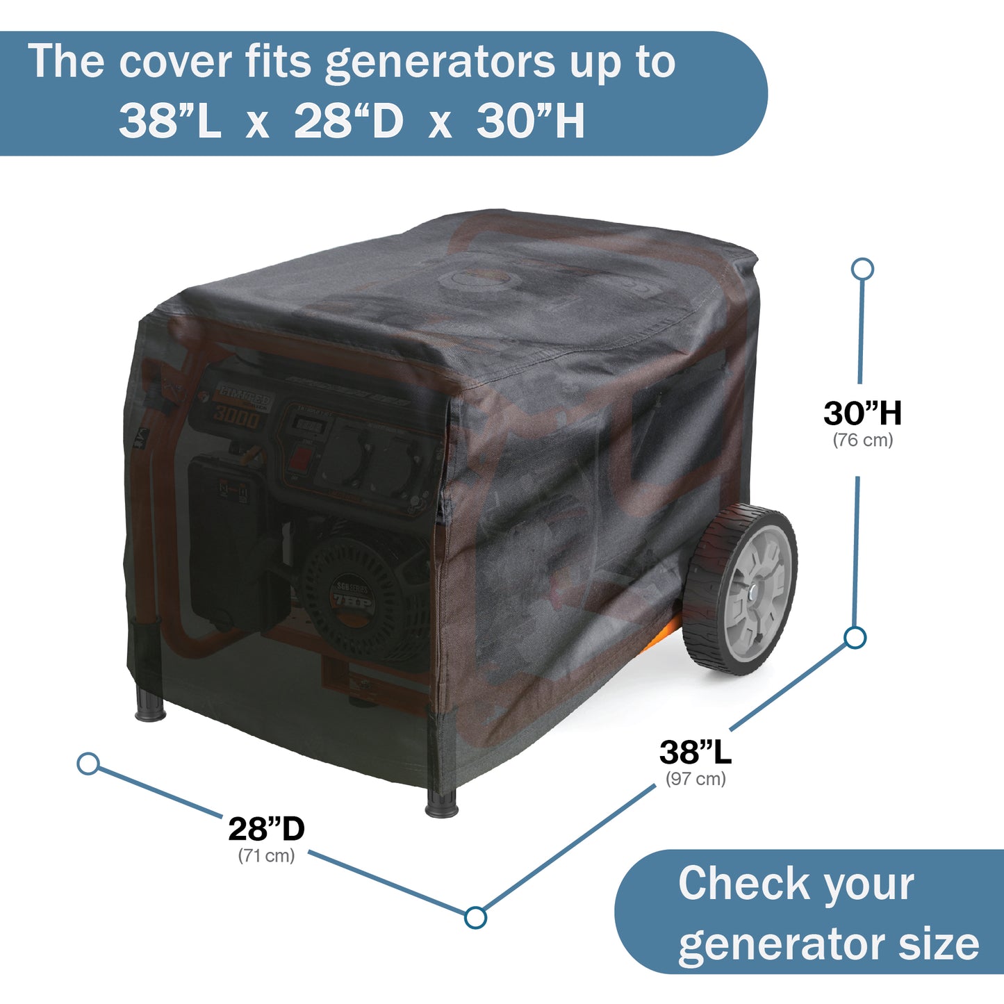 Waterproof Generator Cover 38L x 28D x 30H inch - 600D Heavy Duty, Weatherproof - Black